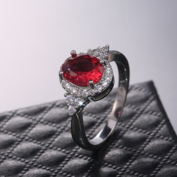 NEW Silver Oval Ruby Round Diamond Halo Ring - Picture 2 of 7